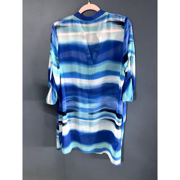 CHA CHA VENTE Top Layered Asymetrical Hilow Multi Blue Sheer Swimsuit Coverup XL - Picture 2 of 9